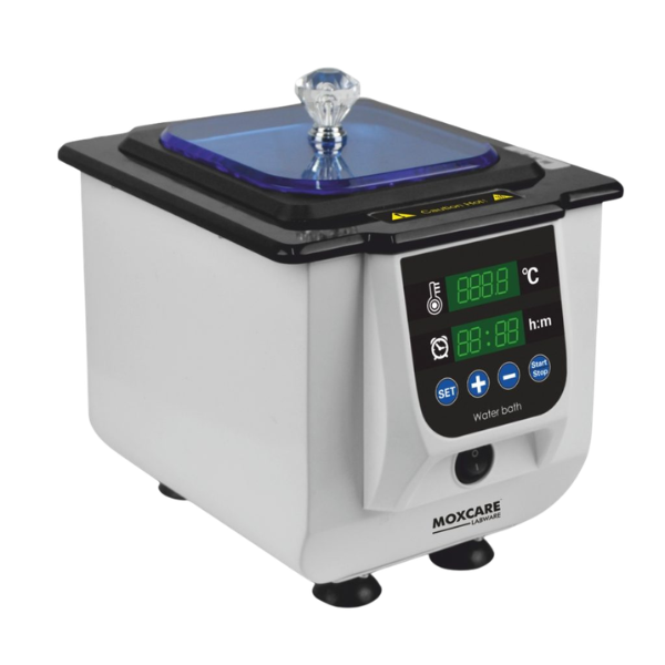 Compact water bath with PID automatic temperature control, built-in water level sensor, separate LED displays for temperature and time, available in 2 L and 5 L capacities.