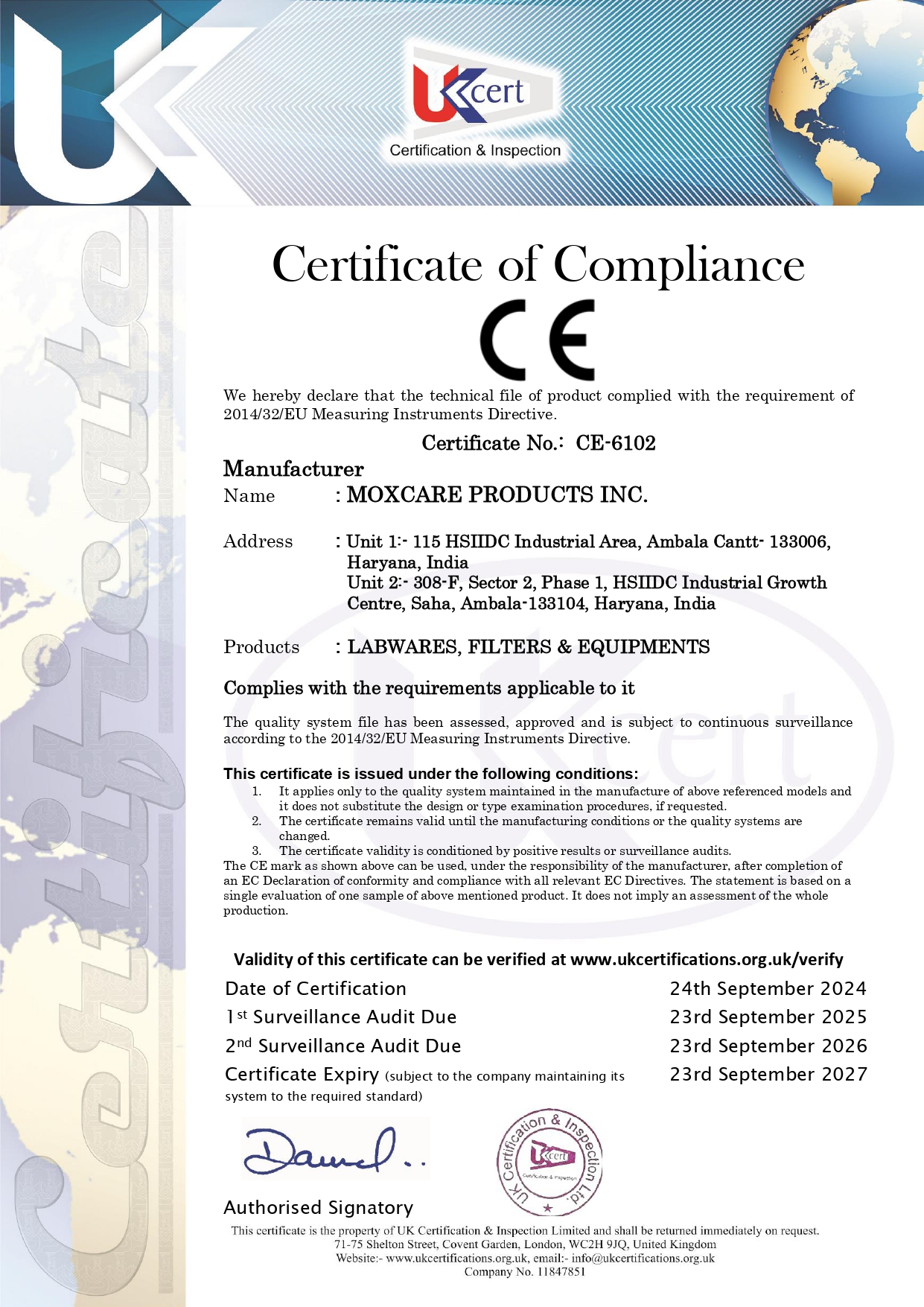 certificate-3 labwares, filters and equipments