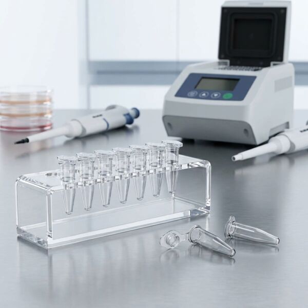 PCR tube strips on a glass surface beside a product label.