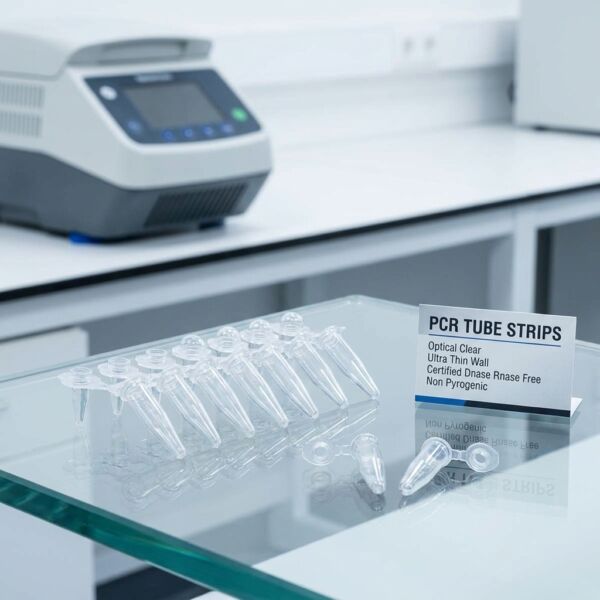 PCR tubes in a metal rack with a pipette and lab equipment in the background